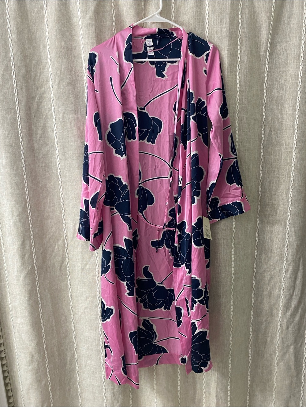 Robe, Top, and Shorts matching silky pajama set - pink and navy floral